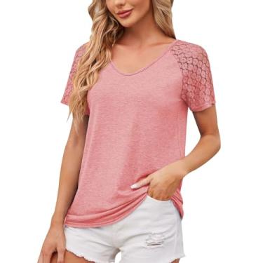 Imagem de Blusas femininas de malha de renda, plus size, manga curta, blusas fofas de algodão para o verão, camisas soltas, túnica de trabalho, rosa, GG