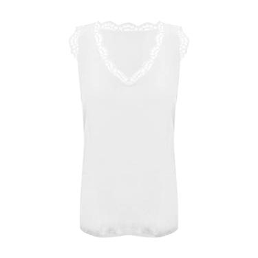 Imagem de Camiseta feminina de renda, estampada, para treino, superdimensionada, sem mangas, blusa de verão, floral, colete de festa, Branco, P