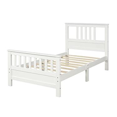 Imagem de Cama plataforma de madeira com cabeceira e pé, estrutura de cama de casal/completo de madeira suporte de ripas de madeira sem necessidade de base de colchão de molas box (solteiro branco)