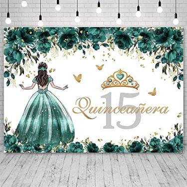 Imagem de SENDY 2,4 x 1,8 m Pano de fundo de aniversário de 15 anos para meninas vestido verde coroa princesa fotografia fundo flores verdes e sapatos de salto alto decorações de festa de aniversário