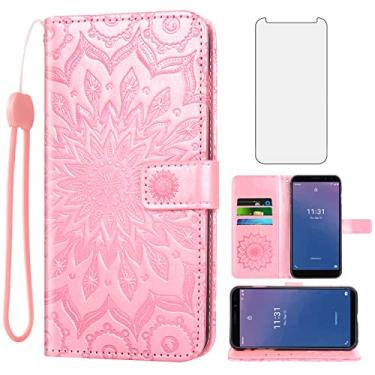 Imagem de Asuwish Capa de telefone para Reliance Jio Orbic/Maui RC545L/Maui 4G LTE/Maui carteira pré-paga com protetor de tela de vidro temperado e suporte de cartão de couro acessórios femininos ouro rosa