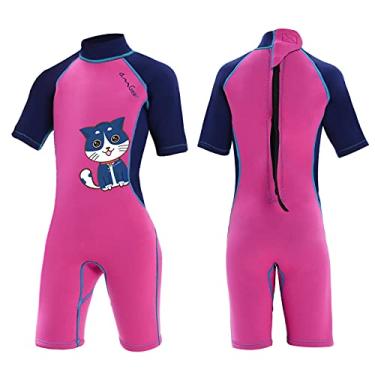 Imagem de OMGear Roupa de mergulho infantil de neoprene de 3 mm, manga curta, maiô térmico com zíper nas costas para jovens, meninos, meninas, mergulho, surfe, snorkeling, natação, esportes aquáticos (gato azul