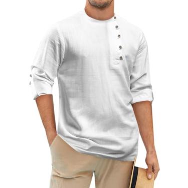 Imagem de Runcati Camiseta masculina de linho Henley casual manga longa gola redonda ajuste regular verão praia camisetas, Branco, M