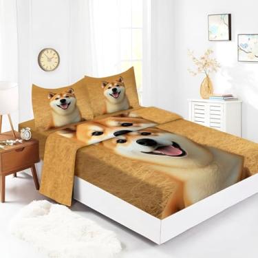 Imagem de Bhoyctn Jogo de lençol Queen Size animal cão Shiba Inu marrom estampado ultra macio 100% microfibra - 40,6 cm com bolso profundo respirável e confortável jogo de cama - 4 peças