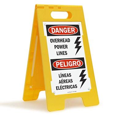 Imagem de SmartSign 63,5 x 30,5 cm "Danger - Overhead Power Lines" bilíngue placa dobrável de dois lados com símbolo, plástico de polipropileno impresso digitalmente, multicolorido