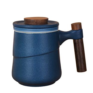 Imagem de NCQIXIAO Xícara de chá com infusor e tampa, canecas de chá retrô com infusor, caneca de café de cerâmica com alça de madeira com tampa para infusão de chá de folhas soltas 320 ml (azul)