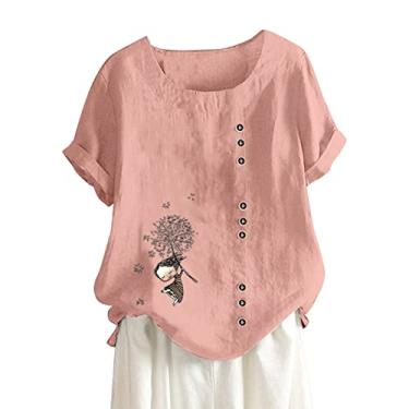 Imagem de Camisa de linho feminina com estampa de dente-de-leão cor sólida, gola redonda, manga curta, camiseta de férias de verão, Cinza, M