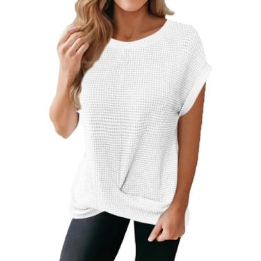 Imagem de Nova camiseta feminina de manga curta com patchwork de cor sólida e manga de algodão, Branco, XXG