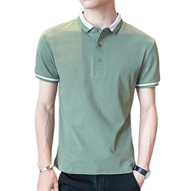 Imagem de Polos masculinos de algodão cor sólida gola listrada malha camisa secagem rápida manga curta estiramento verão respirável (Color : Light Green, Size : XL)