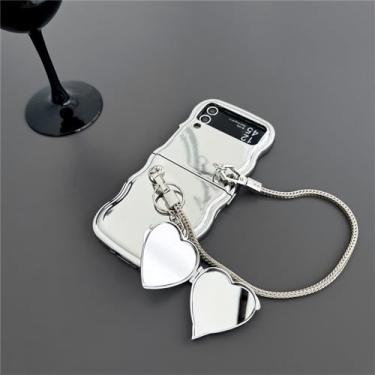 Imagem de Para samsung z flip 5 4 luxo chapeamento onda coração espelho câmera suporte caso de telefone para samsung galaxy z flip 3 4 5, azul, para samsung z flip 4