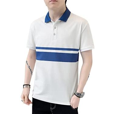 Imagem de Polos de golfe masculinos camisa listrada de poliéster ajuste regular absorção de umidade secagem rápida leve colarinho esporte macio(Color:White,Size:XXL)