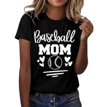 Imagem de Camiseta de beisebol Mom Game Day feminina com letras fofas coração beisebol gráfico tops verão casual manga curta gola redonda túnica, Preto, G