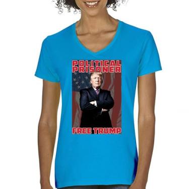 Imagem de Camiseta feminina Free Trump 2024 Political Prisoner gola V MAGA America First Republican President Conservative 47 FJB, Turquesa, XGG