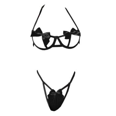 Imagem de SNOMYRS Lingerie feminina com laço sexy, conjunto de sutiã e calcinha recortada, roupa íntima, biquíni, roupa de dormir, Preto, M
