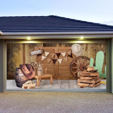 Imagem de Fanghui 1,8 x 3,8 m de fundo de festa caubói ocidental faixa de porta de garagem palheiro outono celeiro porta garagem banner chá de bebê decoração do oeste selvagem capa rústica para porta de garagem