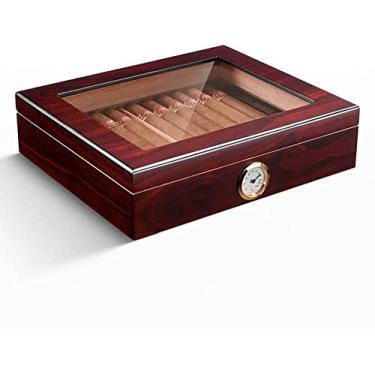Imagem de Caixa de charutos portátil transparente com janela de cedro da Espanha, conjunto de umidificador de charutos de viagem de madeira com umidificador e higrômetro, caixa de armazenamento vermelha/987