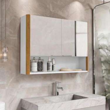 Imagem de Armário de Banheiro Aéreo 2 Portas Com Espelho Espelheira Com Nicho Santorini (Branco/Nature)