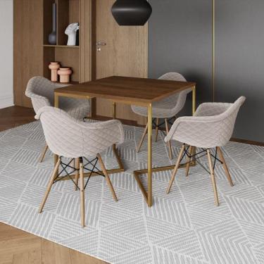 Imagem de Jogo de Mesa Industrial Base Dourada Tampo Quadrado 90cm Amêndoa com 4