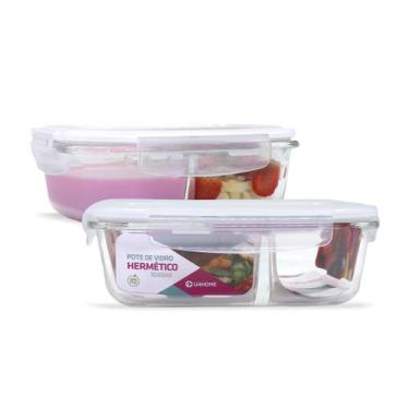 Imagem de Kit 2 Potes De Vidro Herméticos Divisória Tampa Travas Marmita 1040ml 