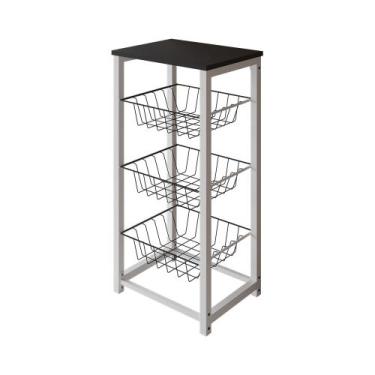 Imagem de Fruteira de Chão Cozinha Desmontada Aço Branco Cesto Preto Tampo Preto