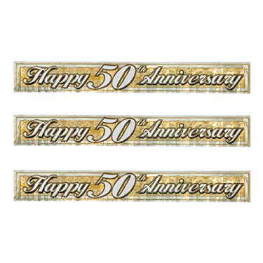 Imagem de Beistle Faixas metálicas com franjas de 50º aniversário 3 peças, 20,32 cm x 15,32 cm, ouro/branco