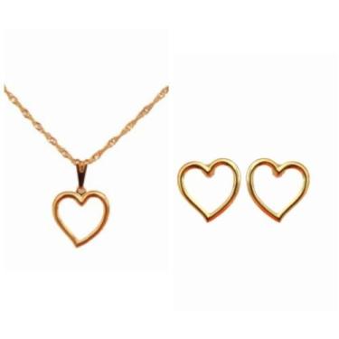 Imagem de Conjunto Colar e Brinco Coração Vazado Folheado Ouro 18k Antialérgico 