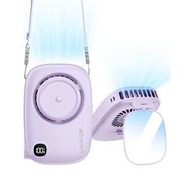 Imagem de Gaiatop Mini ventilador de pescoço, recarregável para uso na mesa, visor de energia de LED, espelho de rotação de 360° para maquiagem de cílios, design de câmera fofo, ventiladores USB portáteis