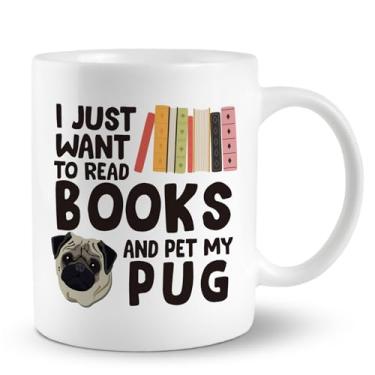 Imagem de PUHEI Caneca de café de pug, presentes de pug para amantes de pug, I Just Want to Read Books and Pet My Pug Caneca de cerâmica 325 ml, caneca de chá de cachorro canecas de café presentes para amantes