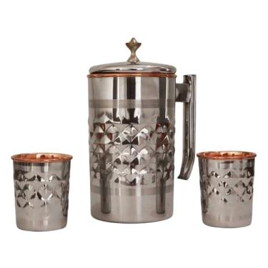 Imagem de Jarra de água de aço inoxidável e cobre puro com 2 copos correspondentes para benefícios de saúde Ayurveda (140 litros) (padrão de diamante)