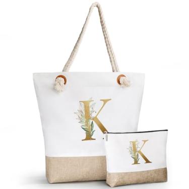 Imagem de TCJIU Sacola de praia com inicial de lona personalizada com bolsa de maquiagem, bolsa mãe com zíper, presente de formatura para ela, ótimos presentes para mulheres, meninas, amigos, professores, damas