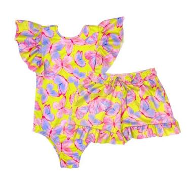 Imagem de Kit Maiô E Shorts Infantil Menina Proteção Uv Praia Piscina - Fofotinh