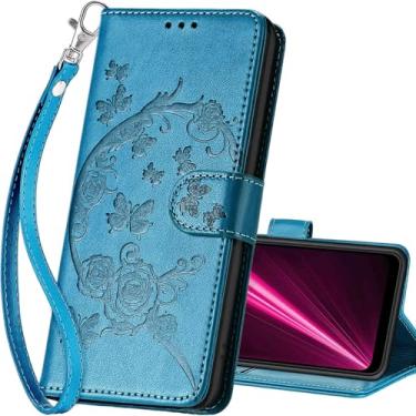 Imagem de SASYMALY Capa carteira T-Mobile Revvl 6 5G, capa flip com suporte para mulheres e homens, capa de telefone de couro PU adequada para T-Mobile Revvl 6 5G [azul-flor]