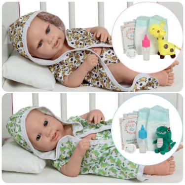 Imagem de 2 Boneca Reborn Lara Luca Com Acessórios Roupão Bichinhos - Cegonha Re