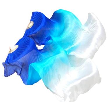 Imagem de SNOWAQUA Fãs de véu de seda sintética de dança do ventre, 1 par (esquerda + direita) véu longo de fãs de bambu de seda sintética, fãs de seda para dança do ventre, desempenho de dança (estilo12, 90 x 187 cm)