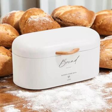 Imagem de Caixa de Pão de Metal Off White com Alça em Madeira - Jolitex, M, Crus