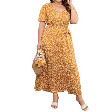Imagem de KOJOOIN Vestido longo feminino plus size com decote em V, cintura alta, babados, manga curta, vestido casual de verão com cinto, Manga curta, cor caramelo, flor, 4G