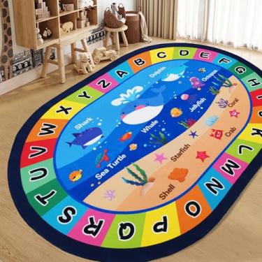 Imagem de USTIDE Tapete grande oval infantil 1,5 x 3 m, ABC, alfabeto, baleia, antiderrapante, oceano, tapete infantil educativo e divertido, lavável para quarto, berçário, sala de jogos, sala de aula