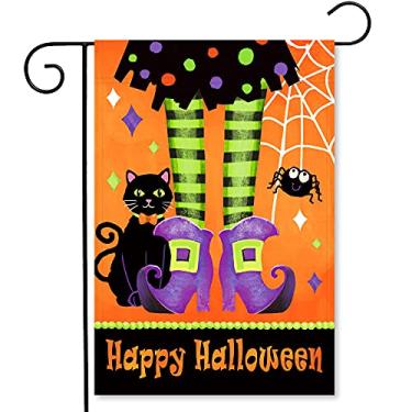 Imagem de YMYIELD Feliz Halloween bandeira de jardim vertical dupla face decoração de casa, outono cores vivas doces ou travessuras pés de bruxa gatinho preto aranha decorativo, gramado pátio varanda bandeiras de jardim de Halloween decorativas para fora 12 x 18
