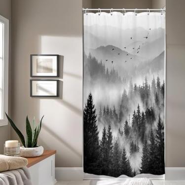 Imagem de Riyidecor Cortina de chuveiro preta e branca 91 cm L x 182 cm A montanha rústica pinheiro tenda meio pequeno trailer individual stand up camper vista paisagem estreita decoração de banheiro tecido