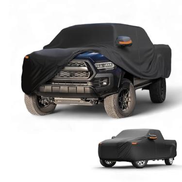 Imagem de Partuto Capa de carro à prova d'água para todos os climas, automotiva, externa, anti-UV, proteção contra chuva e sol, cobertura externa completa para Toyota Tacoma 190T-PU preta com tiras refletoras
