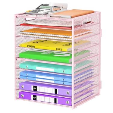 Imagem de Cawukege Organizador de papel de 9 camadas com alça, organizador de mesa de grande capacidade, organizador de pasta de arquivos de malha, bandeja de papel de carta, classificador de documentos para