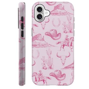 Imagem de DAIZAG Capa compatível com iPhone 16 Plus, capa de telefone vintage rosa chapéu de cowboy cavalos cactos para iPhone 16 Plus para meninas mulheres meninos homens