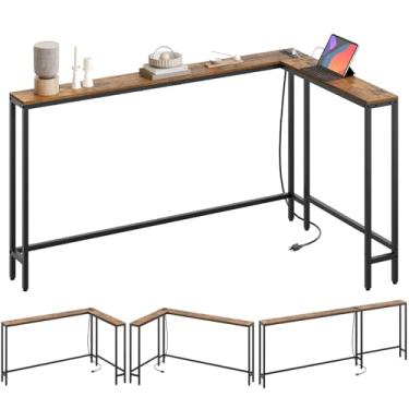 Imagem de YATINEY Mesa de console estreita com tomadas, mesa de sofá de 199 cm estreita longa, mesa de entrada para sofá em forma de L com estação de carregamento, para sala de estar, corredor, 3 opções de