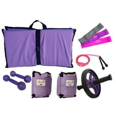 Imagem de Kit Tornozeleira 6KG Lilás + Halteres 6KG Lilás + Colchonete  Lilás + 