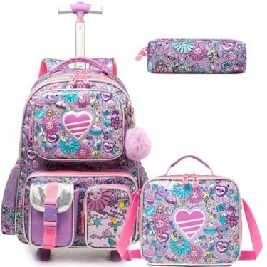 Imagem de Egchescebo Mochila Escolar Infantil com Rodinhas para Meninas e Crianças Rodas Bolsa Mala Carrinho 17” 3PCS Lancheira Juvenil Estojo Costas Divertidamente Multifuncionais Viagem Amor Roxo