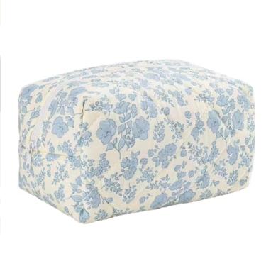 Imagem de FITINI Bolsa de maquiagem grande portátil acolchoada com estampa floral organizadora de cosméticos linda bolsa feminina de algodão macio com zíper à prova d'água bolsas de armazenamento de higiene