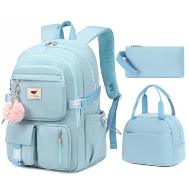 Imagem de Mochila para laptop, mochila escolar de 15,6 polegadas, mochila universitária com lancheira, bolsa de lápis, conjunto de 3 peças para adolescentes e meninas, Azul, Large