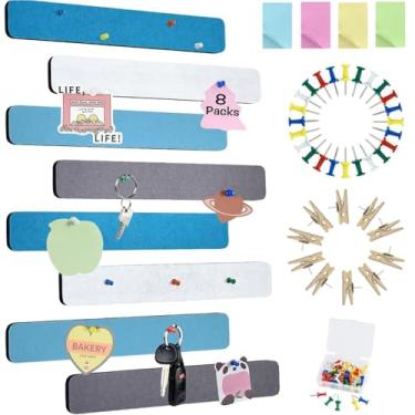 Imagem de Vuzvuv 8 tiras de barra de quadro de avisos com 50 pinos e 10 pinos de clipe de madeira, placa de cortiça autoadesiva para parede, placa de feltro para escola, decoração de escritório (azul, branco