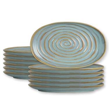 Imagem de Pratos ovais de jantar Steelite em grés, Folio Açores, pratos de jantar rústicos de porcelana para entradas, salada, aperitivos, restaurantes comerciais, 28 x 17 cm, azul março, conjunto com 12