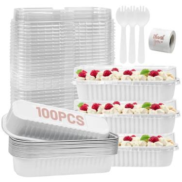 Imagem de ylnurac Pacote com 100 mini formas de pão com tampas, colheres e adesivos individuais, mini formas de bolo descartáveis, portáteis empilháveis, formas de alumínio de 200 ml, recipientes de copos de